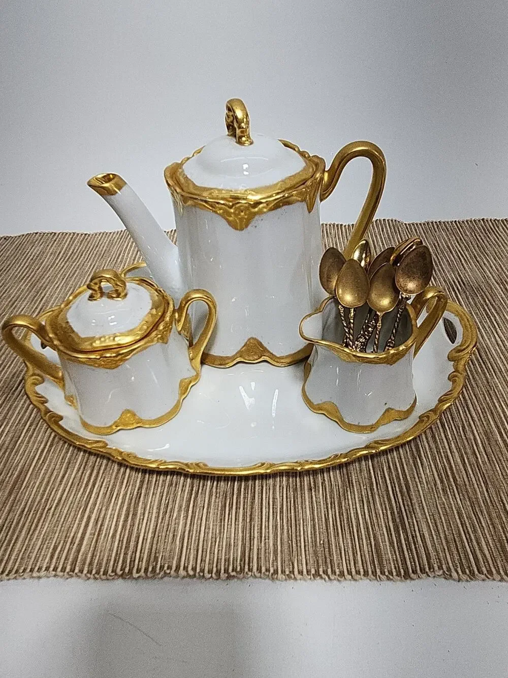 Vintage Mary Dzier Cathcart 1971 Signed Porcelain Coffee Set Tray Sugar Creamer